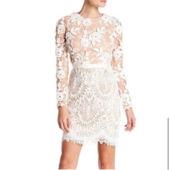 ML Monique Lhuillier White & Beige nude Lacey Cocktail formal Dress xs 3D Sz 2 - Picture 10 of 17